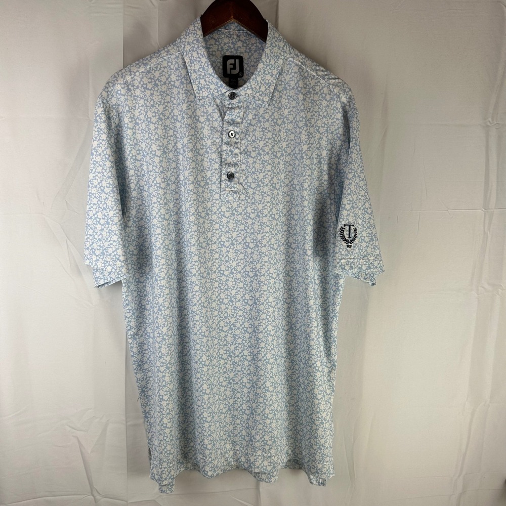 FootJoy Polo Shirt Mens L Blue Floral Performance Short Sleeve Golf Tulsa CC